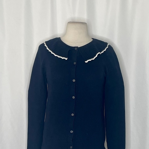 BODEN Frill Collared Wool Blend Cardigan Sweater Navy Blue White Preppy X-Small - Picture 4 of 16